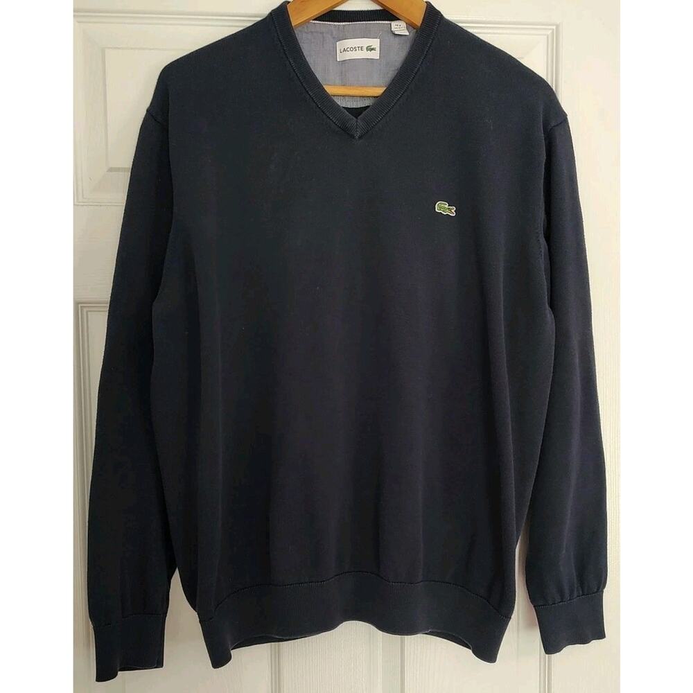 Men's Lacoste Navy Blue Cotton V-Neck Knit Long Sleeve Sweater Size 8 3XL